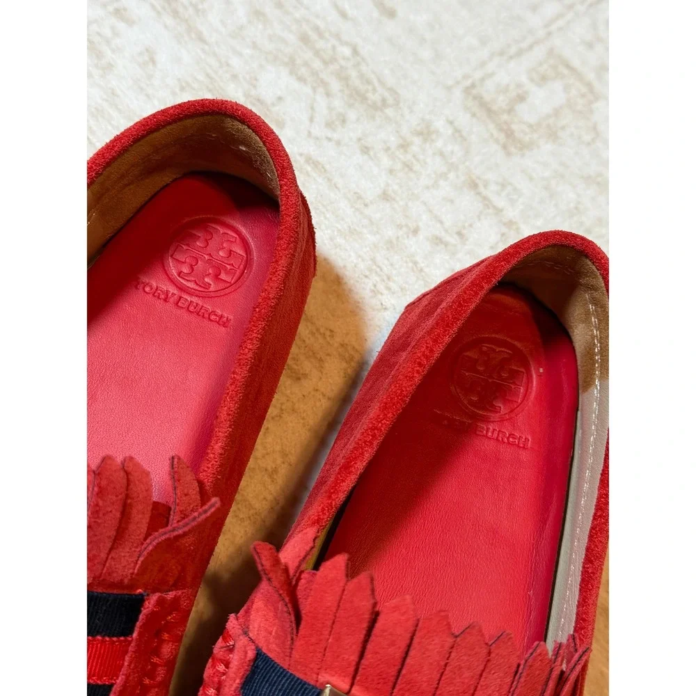 Tory Burch Red Suede Kiltie Fringe Driving Loafers Gold Logo Buckle Flats 6.5